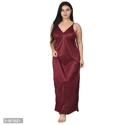 Gwachi Half Sleeve Satin Solid Maxi Nightwear 1 Nighty, 1 Wrap Gown, 1 Panty, 1 Bra ( GW_4003_Half_4Pcs_Set ) (Large, Coffee)-thumb2