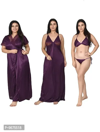 Gwachi Half Sleeve Satin Solid Maxi Nightwear 1 Nighty, 1 Wrap Gown, 1 Panty, 1 Bra ( GW_4003_Half_4Pcs_Set ) (Large, Purple)