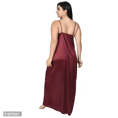 Gwachi Half Sleeve Satin Solid Maxi Nightwear 1 Nighty, 1 Wrap Gown, 1 Panty, 1 Bra ( GW_4003_Half_4Pcs_Set ) (Large, Coffee)-thumb5