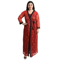 Gwachi Women's Cotton Blend Embellished Maxi Nighty with Flower Net Robe (Large, Black/RED)-thumb1