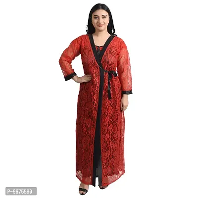 Gwachi Women's Cotton Blend Embellished Maxi Nighty with Flower Net Robe (Large, Black/RED)-thumb2