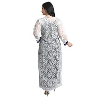 Gwachi Women's Cotton Blend Embellished Maxi Nighty with Flower Net Robe (Free, White/Blue)-thumb2