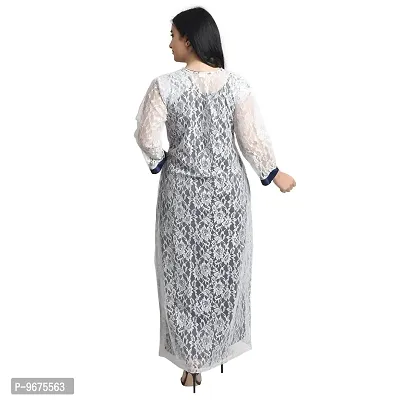 Gwachi Women's Cotton Blend Embellished Maxi Nighty with Flower Net Robe (Free, White/Blue)-thumb3