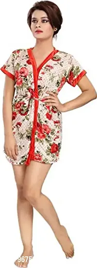 Gwachi Girls/Women's Above Knee Satin All Over Floral Print Short Nighty/Nightwear/Includes Robe, Inner, Bra & Panty (GW_VN_BR_PR_Robe_Combo_1300) (Free Size, Red)