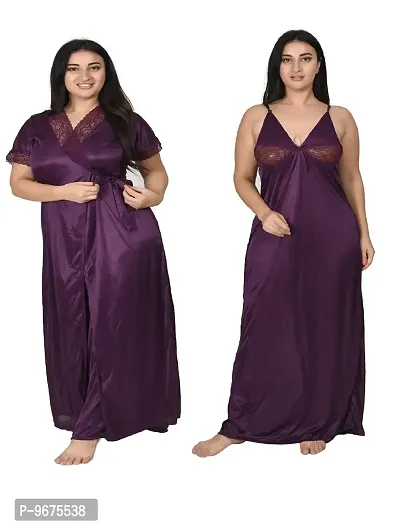 Gwachi Women's Satin Solid | Plain Stylish Latest Maxi Sleeveless with Short Sleeve Night Gown | Nighty with Robe | Nightwear 1 Nighty  1 Wrap Gown | 2 pcs Set-thumb0