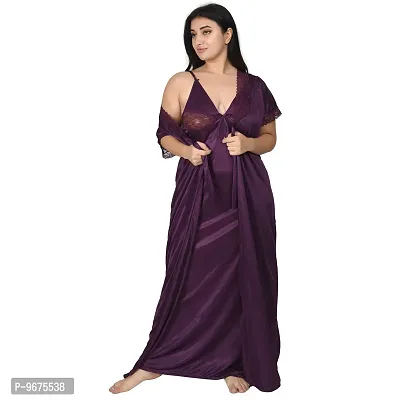 Gwachi Women's Satin Solid | Plain Stylish Latest Maxi Sleeveless with Short Sleeve Night Gown | Nighty with Robe | Nightwear 1 Nighty  1 Wrap Gown | 2 pcs Set-thumb4