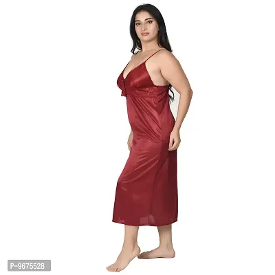 Gwachi Full Sleeve Satin Solid Maxi Nightwear 1 Nighty, 1 Wrap Gown, 1 Panty, 1 Bra ( GW_4003_4Pcs_Set ) (Free Size, Maroon)-thumb3