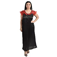 Gwachi Women's Cotton Blend Embellished Maxi Nighty with Flower Net Robe (Large, Black/RED)-thumb3