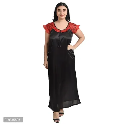 Gwachi Women's Cotton Blend Embellished Maxi Nighty with Flower Net Robe (Large, Black/RED)-thumb4