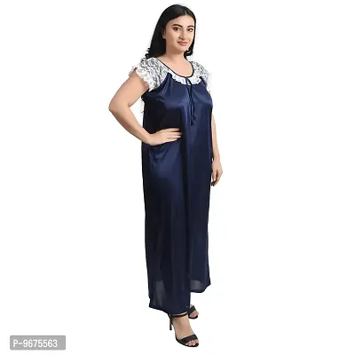 Gwachi Women's Cotton Blend Embellished Maxi Nighty with Flower Net Robe (Free, White/Blue)-thumb5