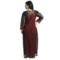 Gwachi Women's Cotton Blend Embellished Maxi Nighty with Flower Net Robe (Free, RED/Black)-thumb2