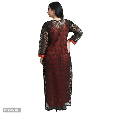 Gwachi Women's Cotton Blend Embellished Maxi Nighty with Flower Net Robe (Free, RED/Black)-thumb3