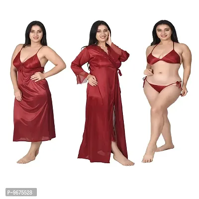 Gwachi Full Sleeve Satin Solid Maxi Nightwear 1 Nighty, 1 Wrap Gown, 1 Panty, 1 Bra ( GW_4003_4Pcs_Set ) (Free Size, Maroon)-thumb0