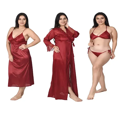 Gwachi Full Sleeve Satin Solid Maxi Nightwear 1 Nighty, 1 Wrap Gown, 1 Panty, 1 Bra ( GW_4003_4Pcs_Set ) (Free Size, Maroon)