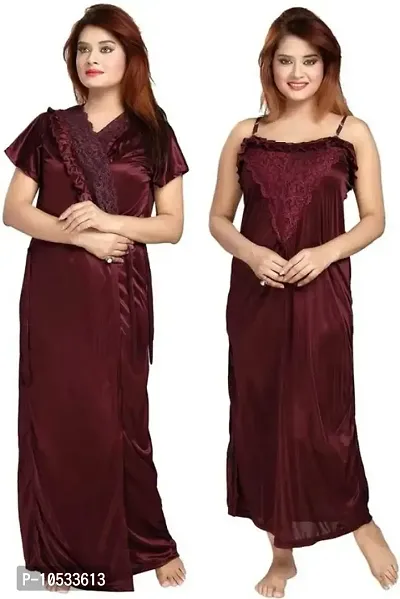 Gwachi Womens Satin Solid Maxi Night Gown (GW_VN_2010_2Pcs_Set_Free Size-thumb0