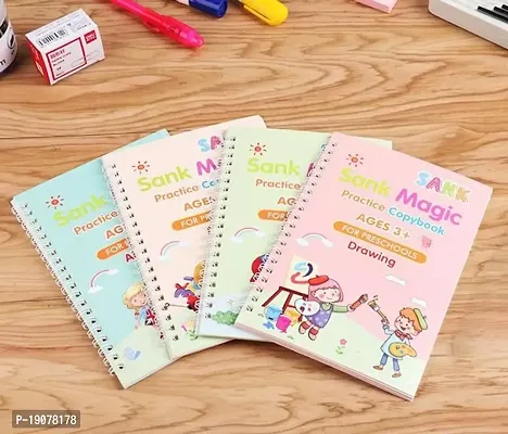 Sank Magic Practice Copybook, Number Tracing Book For Preschoolers With Pen, Magic Calligraphy Copybook Set Practical Reusable Writing Tool Simple Hand Lettering (4 Books + 10 Refills)-thumb0