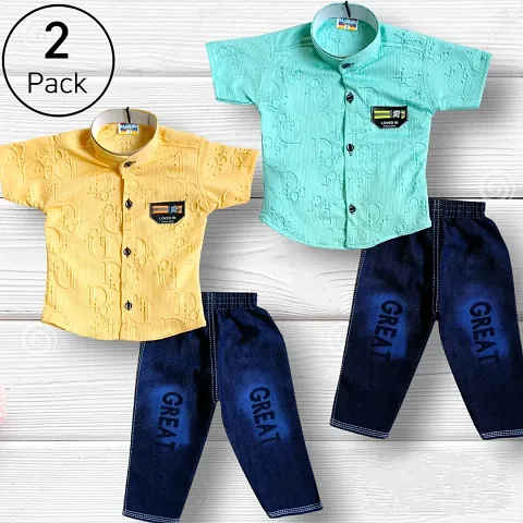 Stylish Cotton Printed Multicoloured Shirts with Jeans For Boys Pack of 2