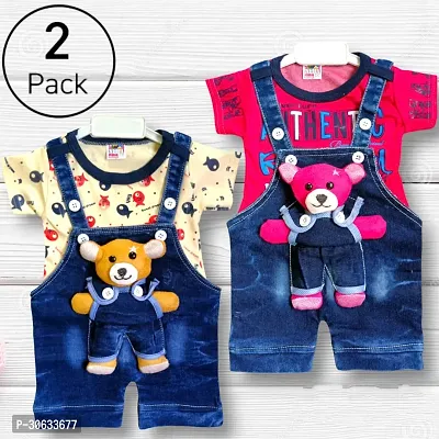 Stylish Cotton Printed Multicoloured Dungaree Set For Boys Pack of 2