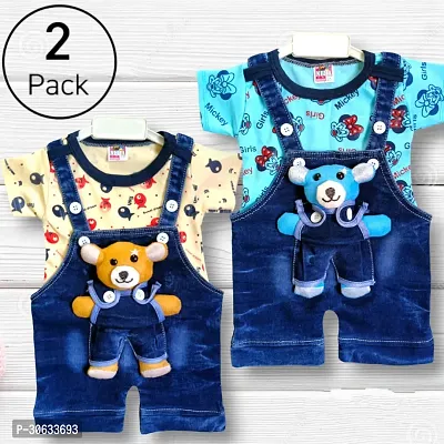 Stylish Cotton Printed Multicoloured Dungaree Set For Boys Pack of 2