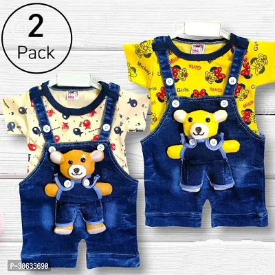 Stylish Cotton Printed Multicoloured Dungaree Set For Boys Pack of 2