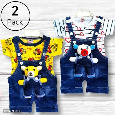 Stylish Cotton Printed Multicoloured Dungaree Set For Boys Pack of 2