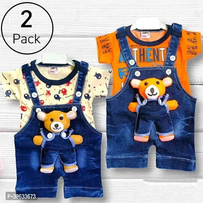 Stylish Cotton Printed Multicoloured Dungaree Set For Boys Pack of 2