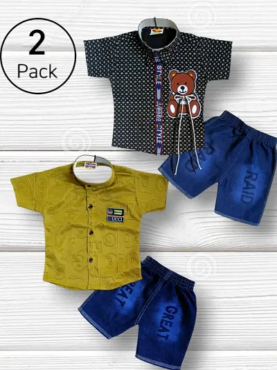 Stylish Cotton Printed Multicoloured Shirts with Shorts For Boys Pack of 2