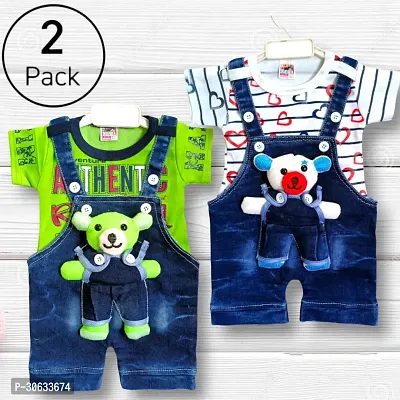 Stylish Cotton Printed Multicoloured Dungaree Set For Boys Pack of 2-thumb0