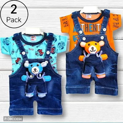 Stylish Cotton Printed Multicoloured Dungaree Set For Boys Pack of 2-thumb0