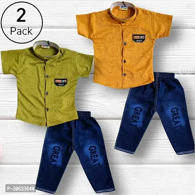 Stylish Cotton Printed Multicoloured Shirts with Jeans For Boys Pack of 2-thumb0