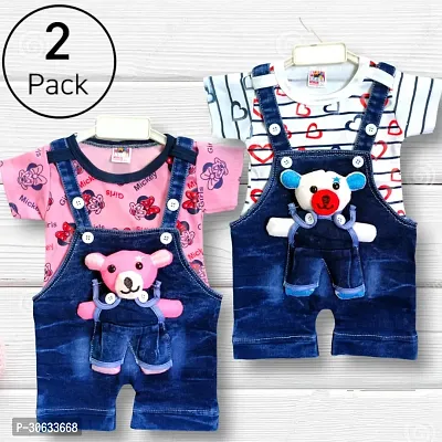 Stylish Cotton Printed Multicoloured Dungaree Set For Boys Pack of 2-thumb0