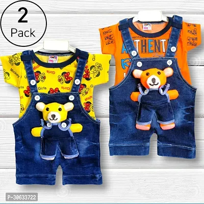 Stylish Cotton Printed Multicoloured Dungaree Set For Boys Pack of 2-thumb0