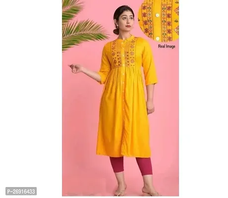 Elegant Yellow Rayon Embroidered A-Line Kurti For Women-thumb0