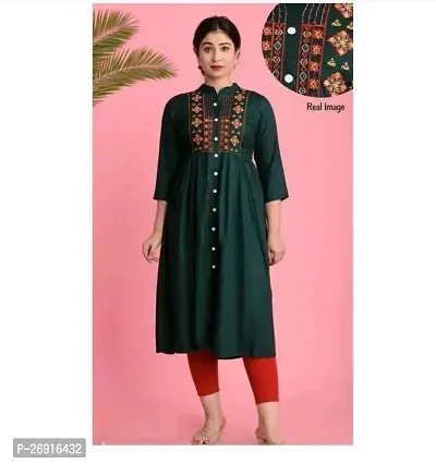 Elegant Green Rayon Embroidered A-Line Kurti For Women-thumb0