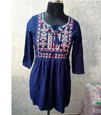 Elegant Navy Blue Rayon Embroidered Short Kurti Kurti For Women