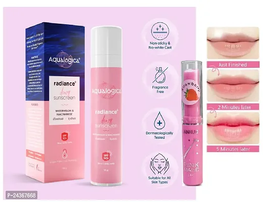 Aqualogica radiance+pink Sunscreen SPF 50 PA+++ 50g + magic pink lip balm-thumb0