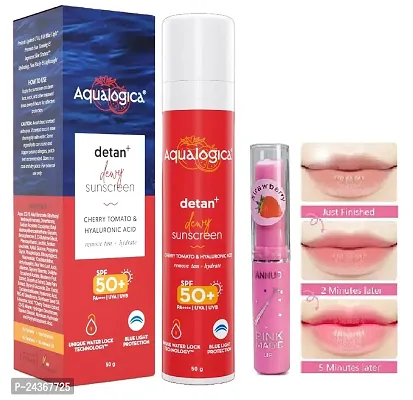 Aqualogica dtan+ red Sunscreen SPF 50 PA+++ 50g + magic pink lip balm