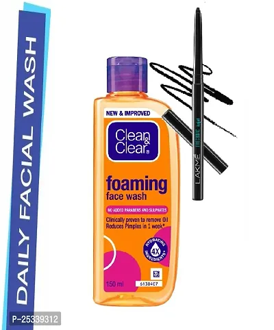 Clean  Clear Foaming Face Wash For Oily Skin, 150ml with Lakmme eyeconic deep black kajal-thumb0
