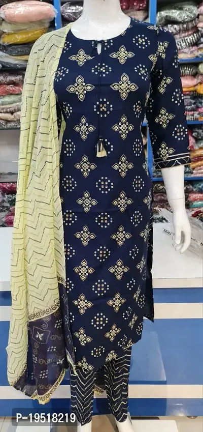 Stylish A-Line Printed CottonKurta, Bottom and Dupatta Set For Women-thumb0