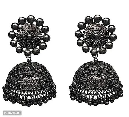 Black Metal Gem Stone Jhumkas Earrings For Women