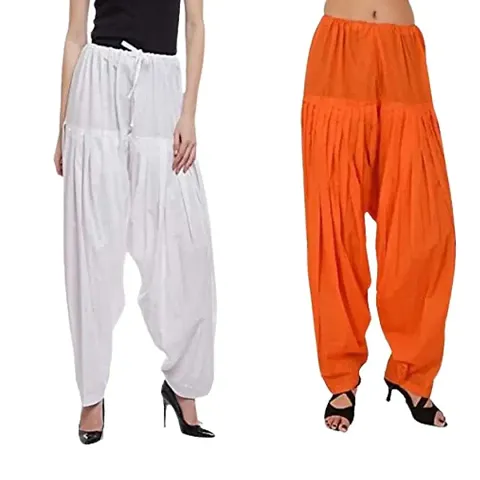 Women's Patiala Pant || Women's Plain Semi Patiala Salwar Combo of 2 || Women's Stretch Fit Salwar Pants (Pack of 2) (Color - & Orange, Size - Free Size)