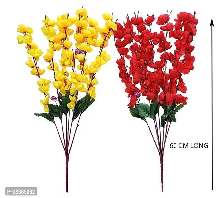 Artificial Cherry Blossom Flower Without Vase Combo Pack of 2 Pieces Yellow Red 55 cm Height-thumb0
