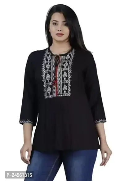 Shiva Fab Women's Rayon Embroidered Regular Fit Tops Black