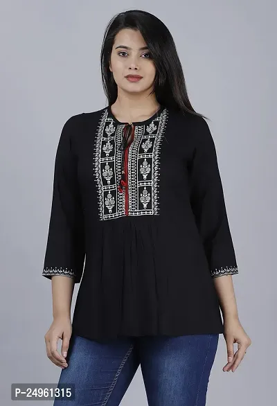 Shiva Fab Women's Rayon Embroidered Regular Fit Tops Black-thumb4