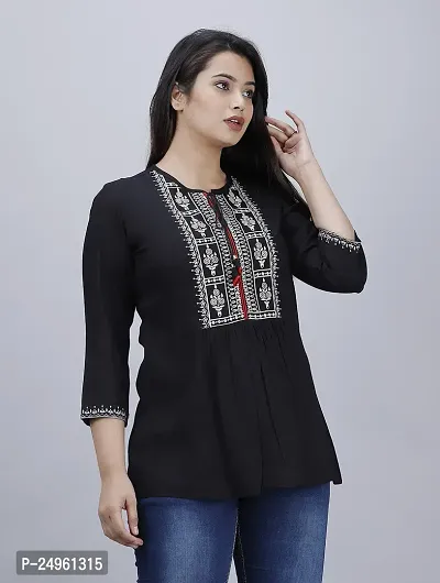 Shiva Fab Women's Rayon Embroidered Regular Fit Tops Black-thumb3