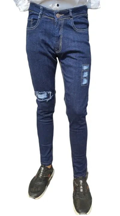 Elite Blue Distressed Cotton Blend High-Rise Jeans For Men