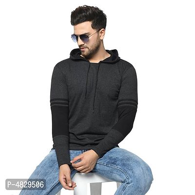 Men's Black Striped Cotton Hooded Tees