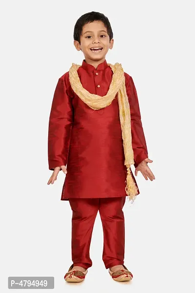 Boy's Maroon Cotton Silk Kurta, Pyjama  Dupatta Set