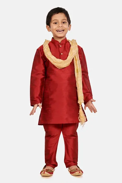Boy's Cotton Silk Kurta, Pyjama & Dupatta Set