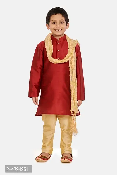 Boy's Maroon Cotton Silk Kurta, Pyjama  Dupatta Set